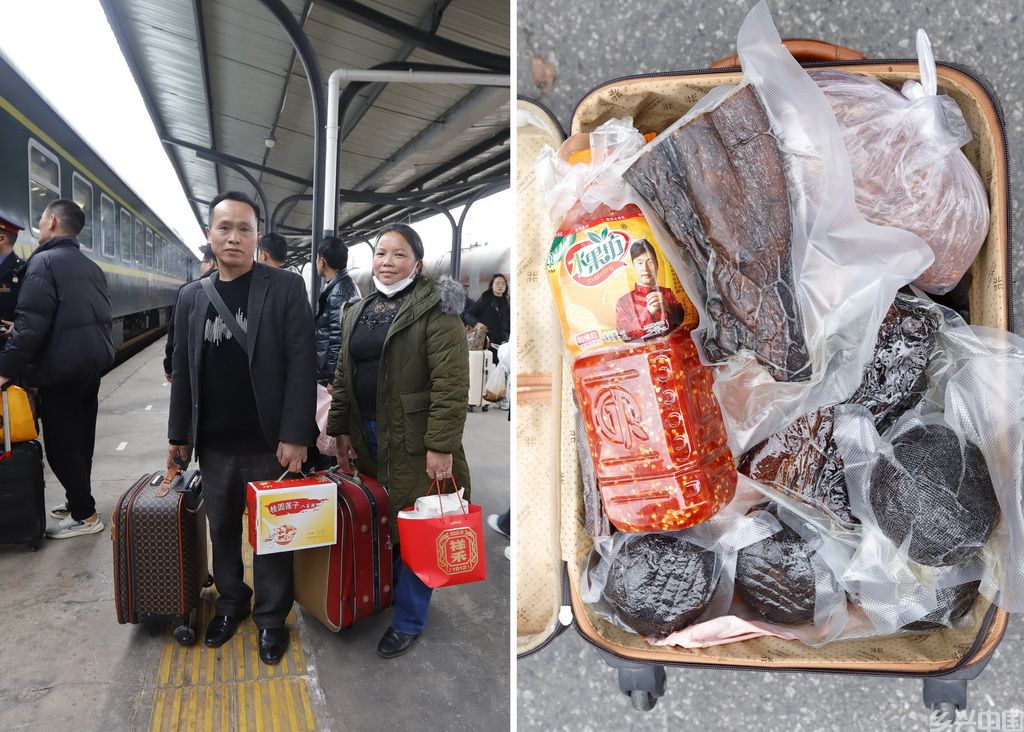 拼版照片：左图为贵州省黔东南苗族侗族自治州凯里市新华村的金培标、潘栋梅夫妻在凯里站，准备登上绿皮火车，前往江苏省新沂市某纺织厂务工；右图为他们的行囊中装着的亲朋好友赠送的自制腊肉、香肠、血豆腐、糊辣椒和制作“酸汤鱼”所需的鱼酱酸等食品（均为2月17日摄）。新华社发（吴吉斌 摄）