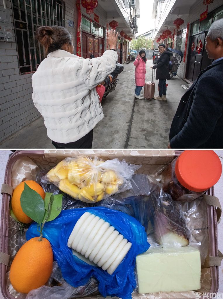  拼版照片：上图为重庆市秀山土家族苗族自治县的李涛（后右一）和吴向云夫妻与家人告别；下图为他们行囊中装着父母给他们准备的糍粑、腊肉、腐乳、米豆腐等当地特产（均为2月17日摄）。新华社发（胡程摄）