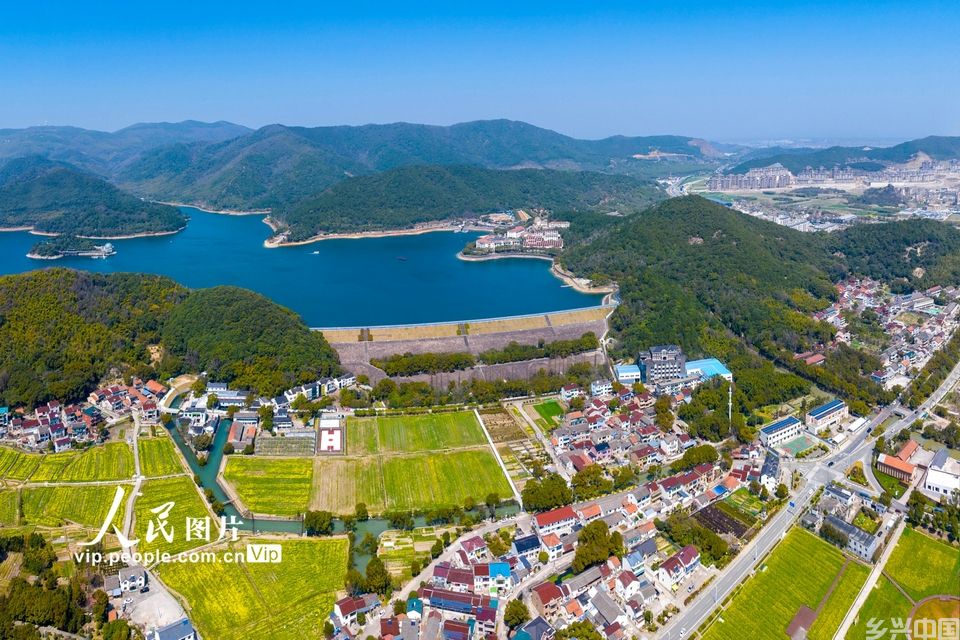 2024年3月20日，春色如画的浙江省宁波市镇海区九龙湖镇九龙湖村油菜花田与民居。