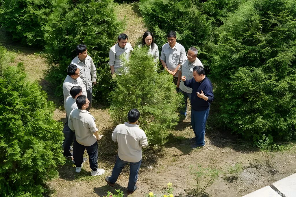 4月26日,在位于重庆市开州区温泉镇乐园村的重庆雪宝山国家级自然保护区崖柏繁育科研基地,工作人员与中国林业科学院专家郭泉水(右一)讨论崖柏的繁育技术。新华社发